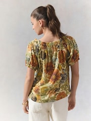Yellow/White Floral - Short Sleeve Ruched Neck Jersey 100% Cotton Blouse - Imagen 3 de 7