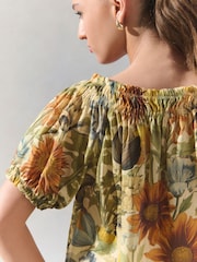 Yellow/White Floral - Short Sleeve Ruched Neck Jersey 100% Cotton Blouse - Imagen 4 de 7
