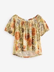Yellow/White Floral - Short Sleeve Ruched Neck Jersey 100% Cotton Blouse - Imagen 5 de 7