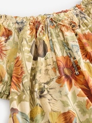 Yellow/White Floral - Short Sleeve Ruched Neck Jersey 100% Cotton Blouse - Imagen 6 de 7