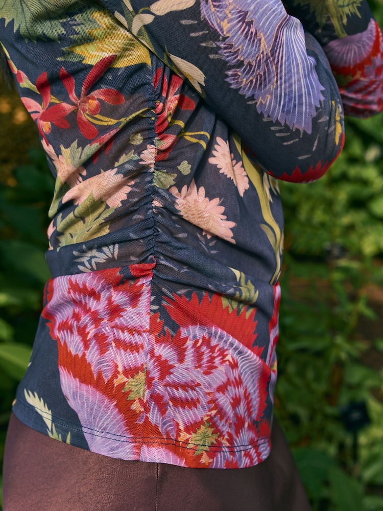 Kew Collection Navy/Purple Floral Print Long Sleeve Ruched Side Mesh Top - Image 3 of 3