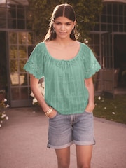 Azul - Broderie Boho Short Sleeve Ric Rac Top - Imagen 1 de 5
