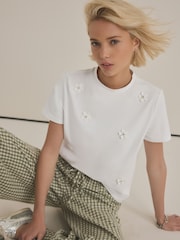 White Short Sleeve Floral Print Embellished T-Shirt - Image 1 of 3