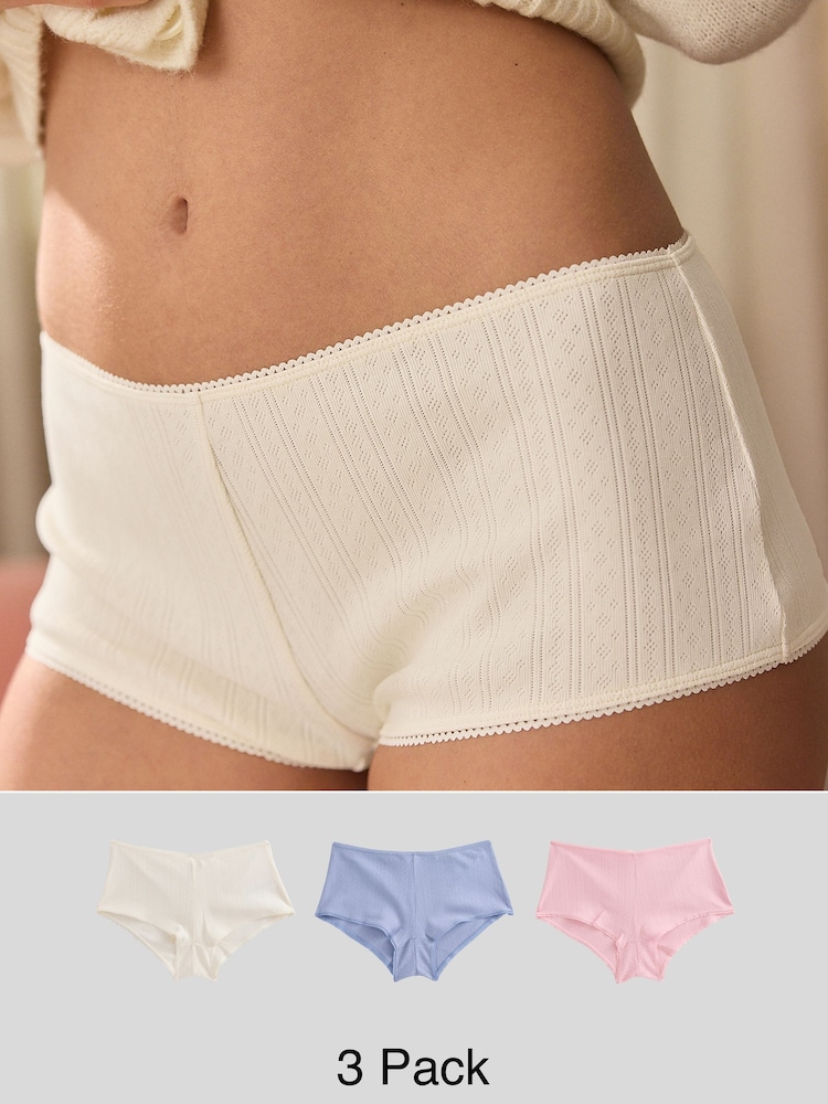 Blue/Pink/Cream Boyshort Pointelle Knickers 3 Pack - Image 1 of 10 Blue/Pink/Cream Boyshort Pointelle Knickers 3 Pack - Image 1 of 10