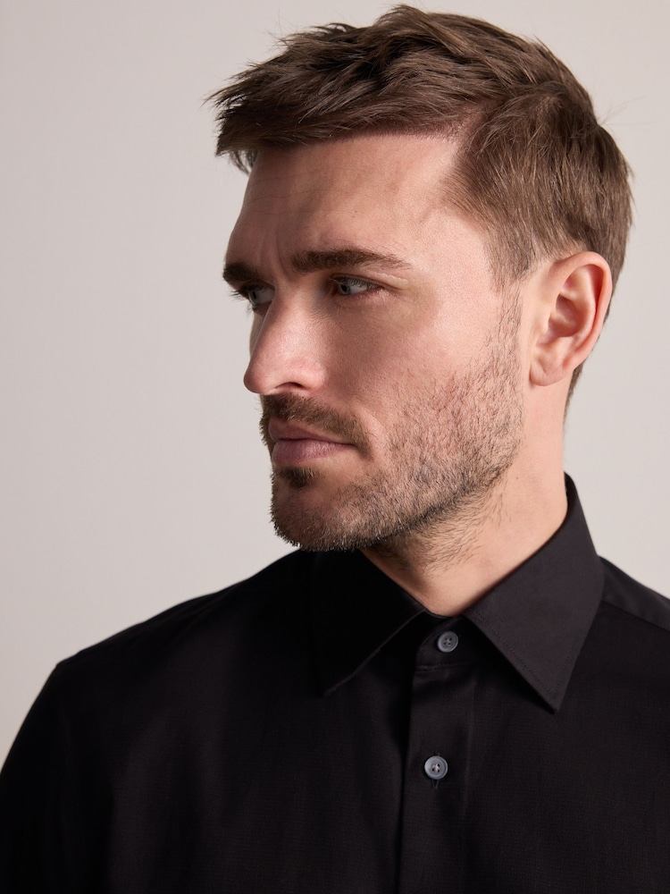 Black Regular Fit Signature Premium 100% Cotton Textured Smart Shirt - Image 2 of 7 Black Regular Fit Signature Premium 100% Cotton Textured Smart Shirt - Image 2 of 7