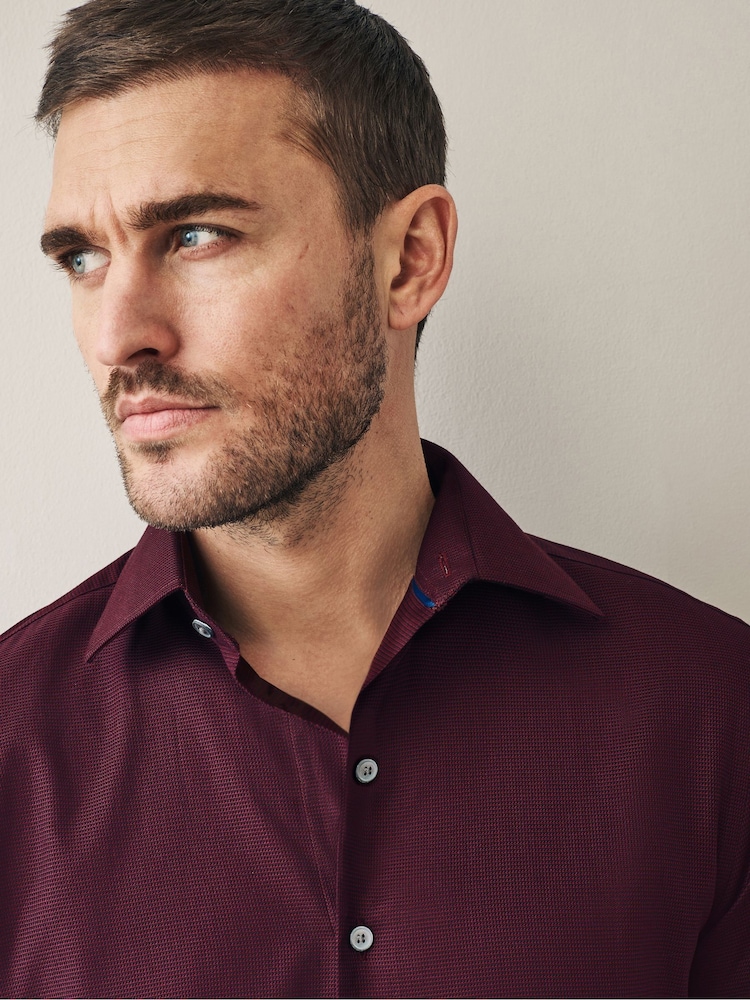 Burgundy Red Regular Fit Signature 100% Cotton with Textured Smart Shirt - Image 4 of 4