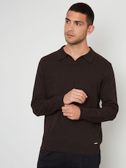 Threadbare Brown Trophy Neck Knitted Long Sleeve Polo Shirt - Image 1 of 4