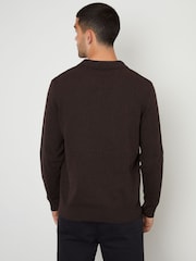 Threadbare Brown Trophy Neck Knitted Long Sleeve Polo Shirt - Image 2 of 4