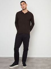 Threadbare Brown Trophy Neck Knitted Long Sleeve Polo Shirt - Image 3 of 4