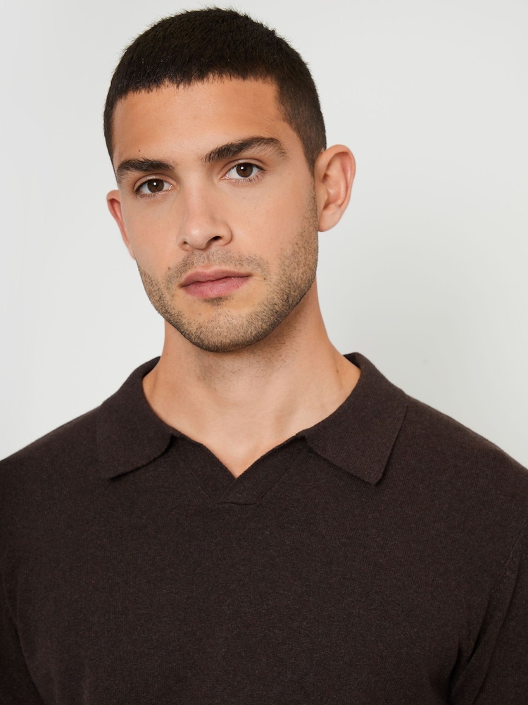Threadbare Brown Trophy Neck Knitted Long Sleeve Polo Shirt - Image 4 of 4