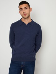 Threadbare Blue Trophy Neck Knitted Long Sleeve Polo Shirt - Image 1 of 4