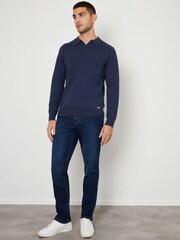 Threadbare Blue Trophy Neck Knitted Long Sleeve Polo Shirt - Image 3 of 4
