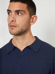 Threadbare Blue Trophy Neck Knitted Long Sleeve Polo Shirt - Image 4 of 4