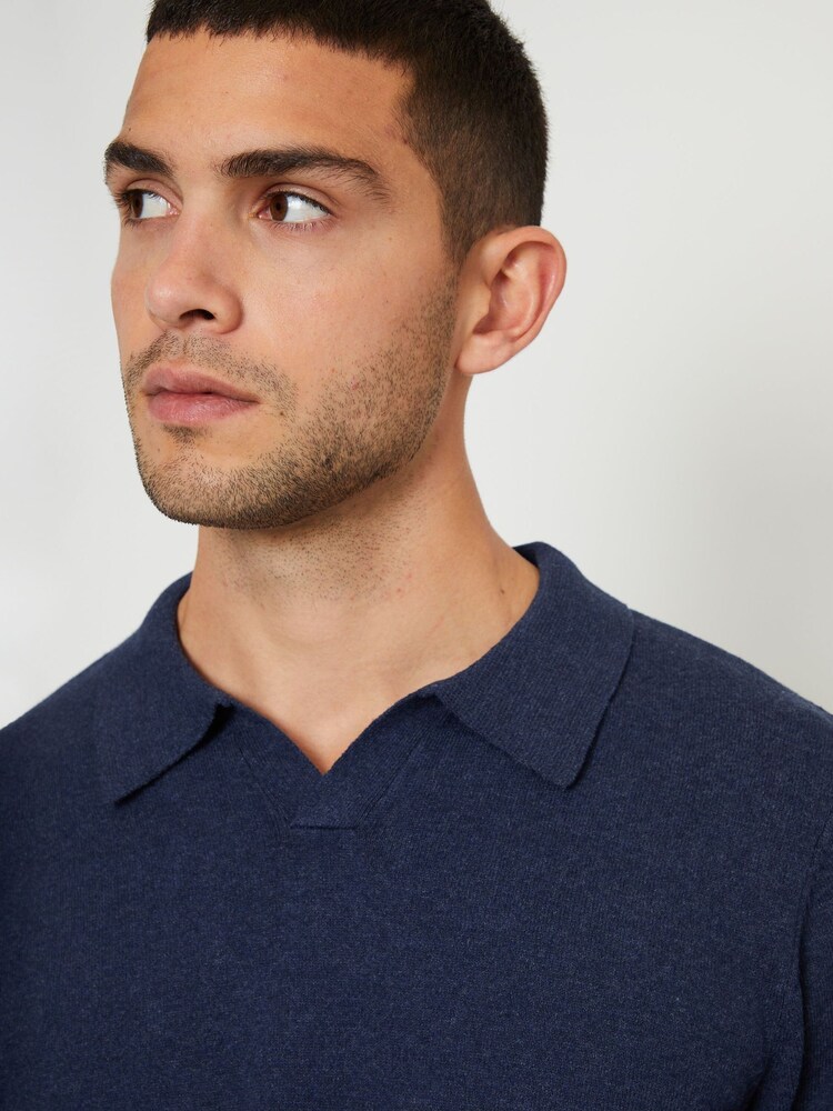 Threadbare Blue Trophy Neck Knitted Long Sleeve Polo Shirt - Image 4 of 4