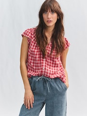 Pink/Red Gingham Button Down Ruffle Sleeve Top With Linen - Image 2 of 8