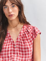 Pink/Red Gingham Button Down Ruffle Sleeve Top With Linen - Image 5 of 8