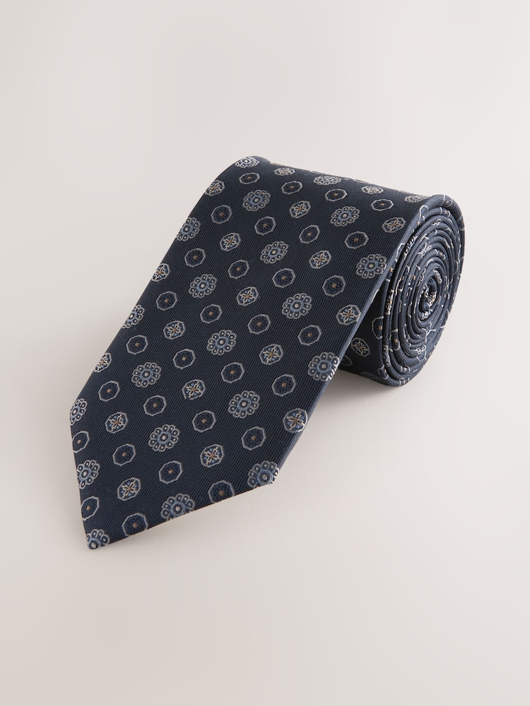 Dark Navy Printed Silk Tie - Image 1 of 3