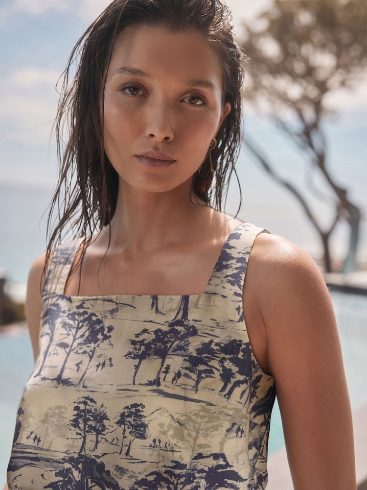 White/Blue Scenic Print Square Neck Top - Image 4 of 7