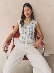 White/Blue Scenic Print Broderie Waistcoat - Image 1 of 7