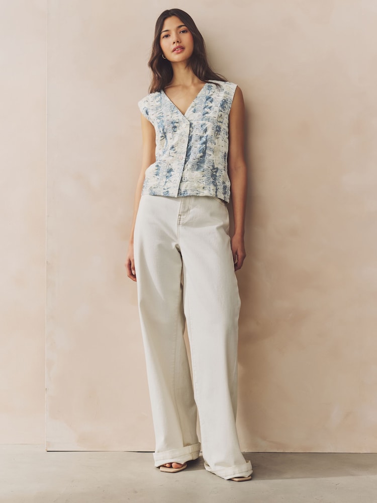 White/Blue Scenic Print Broderie Waistcoat - Image 2 of 7