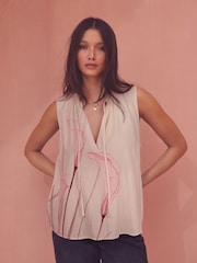 Cream Lily Placement Print Halter Tie Neck Sleeveless Top With Linen - Image 1 of 6