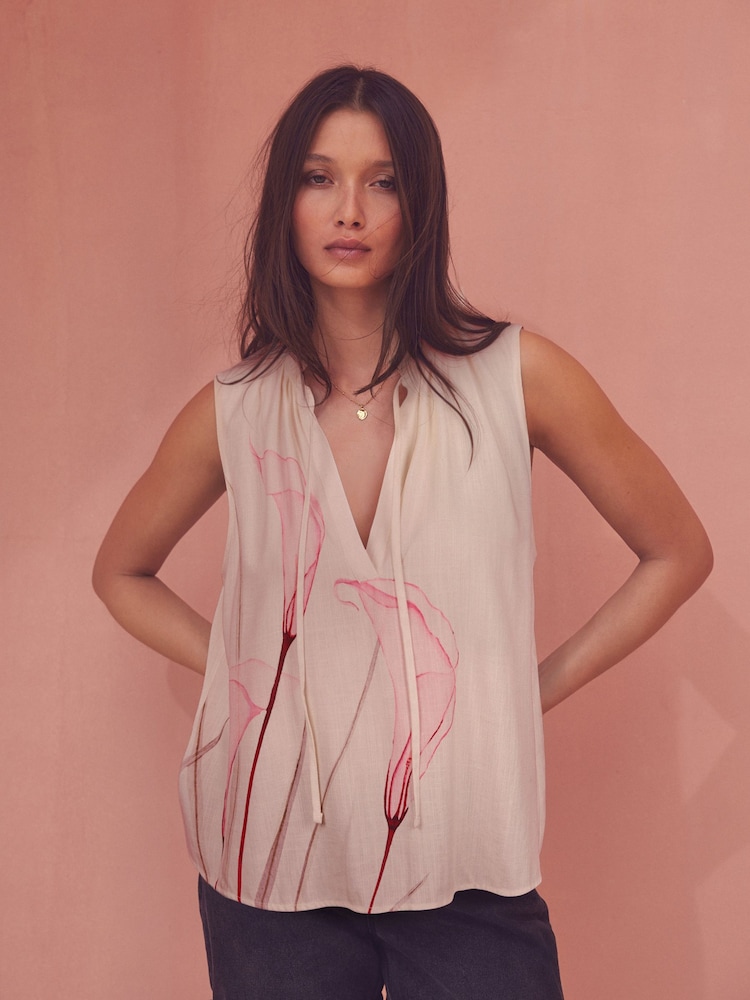 Cream Lily Placement Print Halter Tie Neck Sleeveless Top With Linen - Image 1 of 6