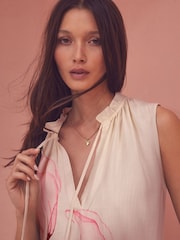 Cream Lily Placement Print Halter Tie Neck Sleeveless Top With Linen - Image 2 of 6