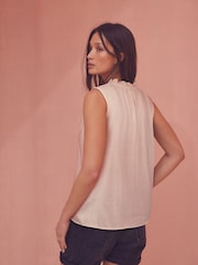 Cream Lily Placement Print Halter Tie Neck Sleeveless Top With Linen - Image 3 of 6