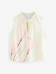 Cream Lily Placement Print Halter Tie Neck Sleeveless Top With Linen - Image 4 of 6