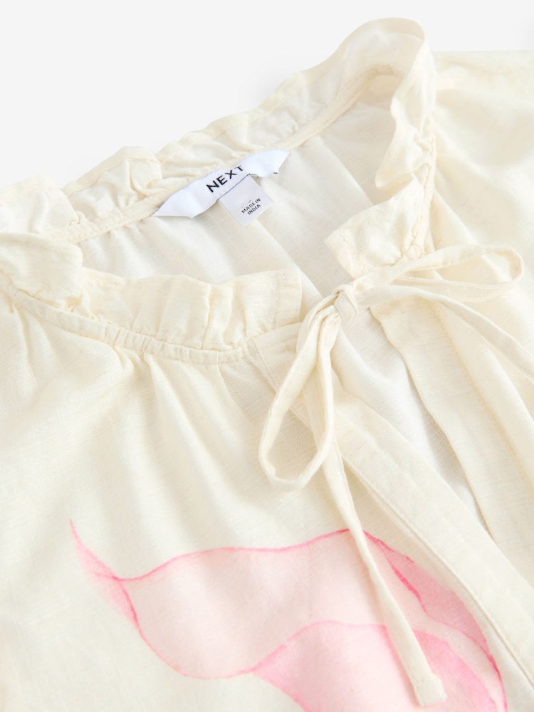 Cream Lily Placement Print Halter Tie Neck Sleeveless Top With Linen - Image 6 of 6