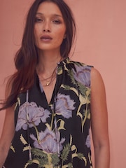 Kew Collection Navy Floral Halter Tie Neck Sleeveless Top With Linen - Image 1 of 5