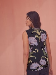 Kew Collection Navy Floral Halter Tie Neck Sleeveless Top With Linen - Image 2 of 5