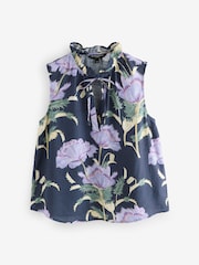 Kew Collection Navy Floral Halter Tie Neck Sleeveless Top With Linen - Image 3 of 5