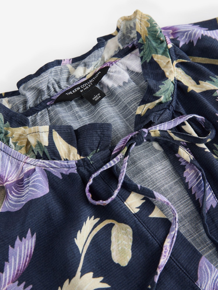 Kew Collection Navy Floral Halter Tie Neck Sleeveless Top With Linen - Image 5 of 5