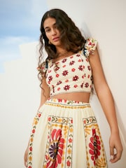 Cream Embroidered Frill Sleeve Square Neck Cami 100% Cotton Top - Image 1 of 8
