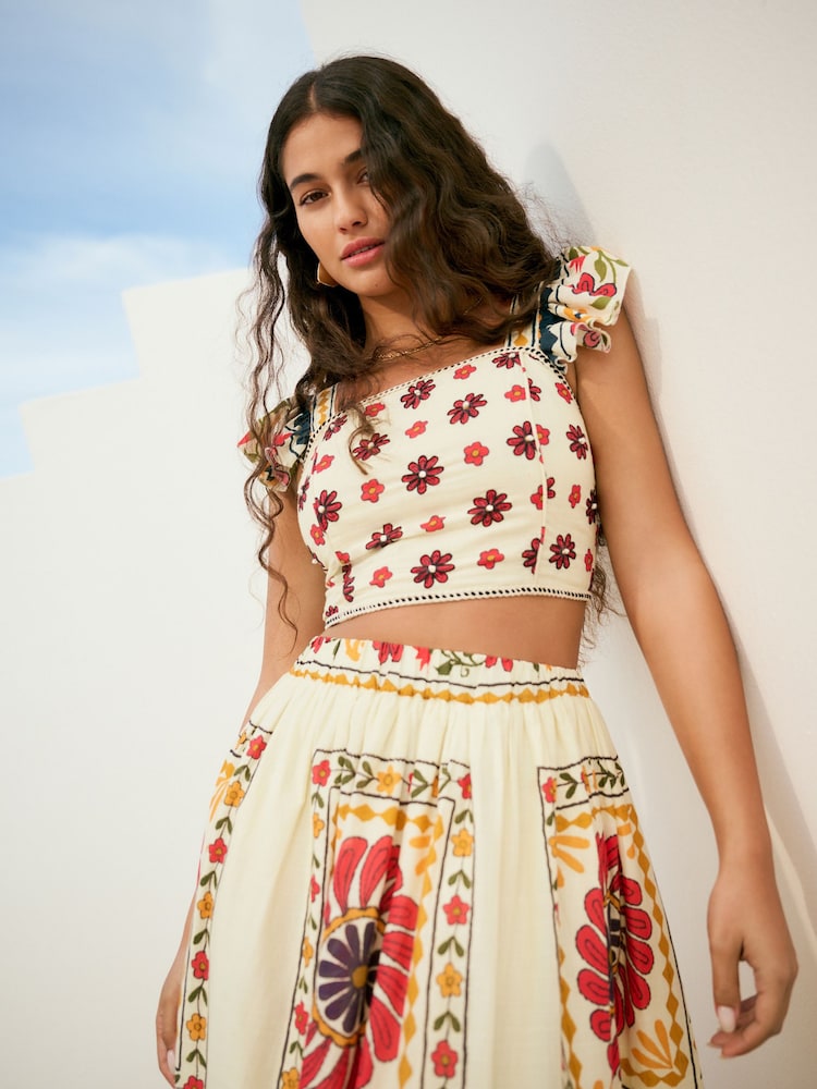 Cream Embroidered Frill Sleeve Square Neck Cami 100% Cotton Top - Image 1 of 8