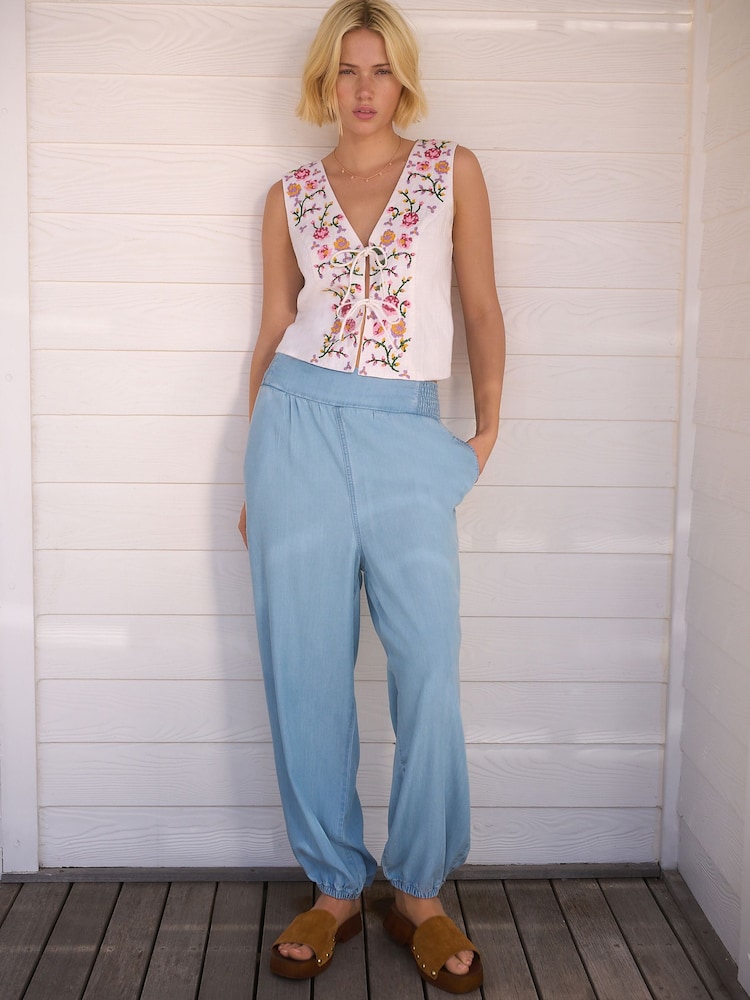 White Floral Embroidered Detail Tie Front Waistcoat - Image 2 of 8