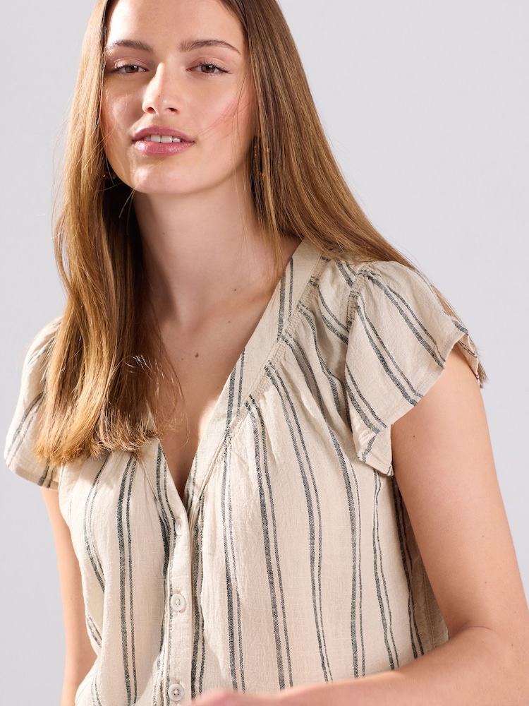 Stone and Black Stripe Button Down Ruffle Sleeve Top With Linen - Image 1 of 7