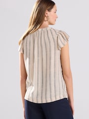 Stone and Black Stripe Button Down Ruffle Sleeve Top With Linen - Image 2 of 7