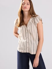 Stone and Black Stripe Button Down Ruffle Sleeve Top With Linen - Image 3 of 7