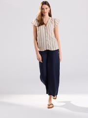 Stone and Black Stripe Button Down Ruffle Sleeve Top With Linen - Image 4 of 7