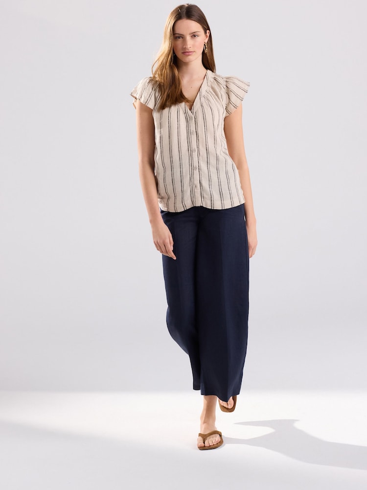 Stone and Black Stripe Button Down Ruffle Sleeve Top With Linen - Image 4 of 7