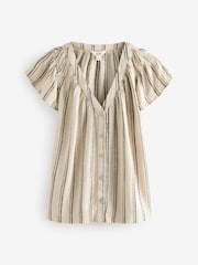 Stone and Black Stripe Button Down Ruffle Sleeve Top With Linen - Image 5 of 7