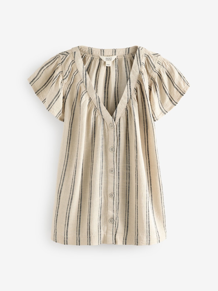 Stone and Black Stripe Button Down Ruffle Sleeve Top With Linen - Image 5 of 7