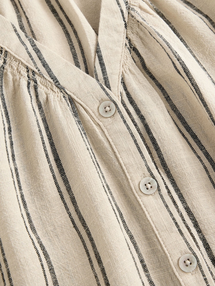 Stone and Black Stripe Button Down Ruffle Sleeve Top With Linen - Image 6 of 7