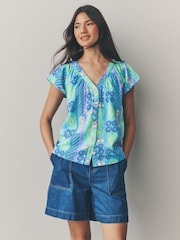 Blue Abstract Print Button Down Ruffle Sleeve Top With Linen - Image 1 of 7