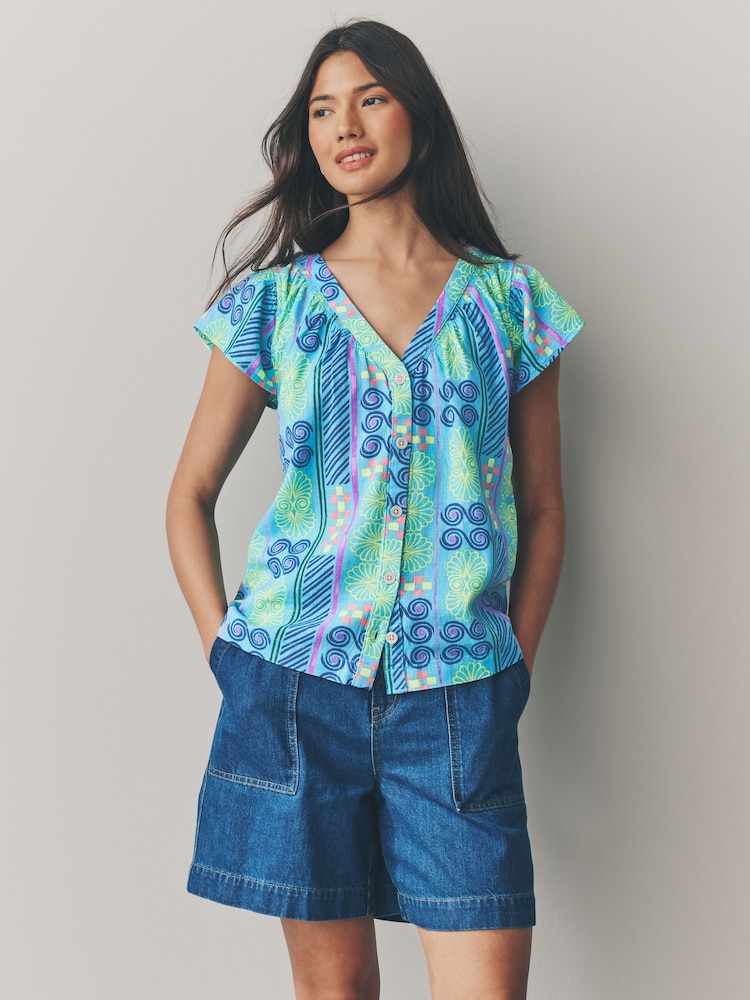 Blue Abstract Print Button Down Ruffle Sleeve Top With Linen - Image 1 of 7