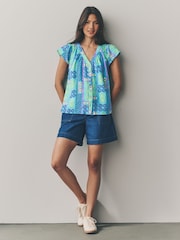 Blue Abstract Print Button Down Ruffle Sleeve Top With Linen - Image 2 of 7