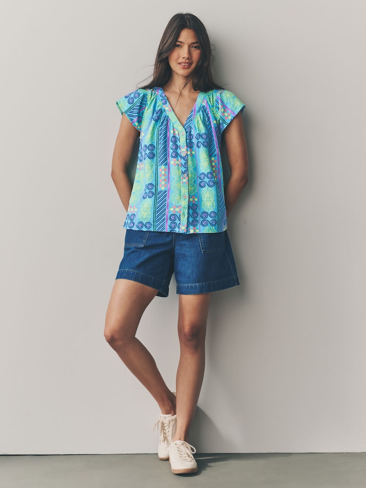 Blue Abstract Print Button Down Ruffle Sleeve Top With Linen - Image 2 of 7