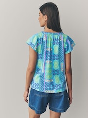 Blue Abstract Print Button Down Ruffle Sleeve Top With Linen - Image 3 of 7